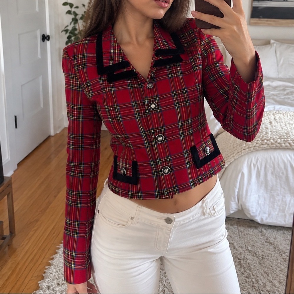 Vintage Plaid Blazer Velvet Trim 8 military tartan jacket preppy academia